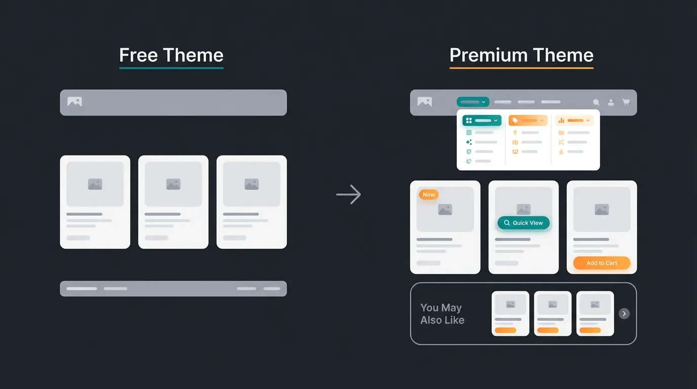 Vergleich kostenlose und Premium Shopify Themes: einfaches Layout vs. erweitertes Design mit Conversion-Features