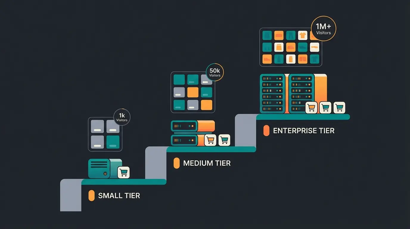 Hosting recommendation by shop size: starter, growing, and enterprise tiers with matching infrastructure