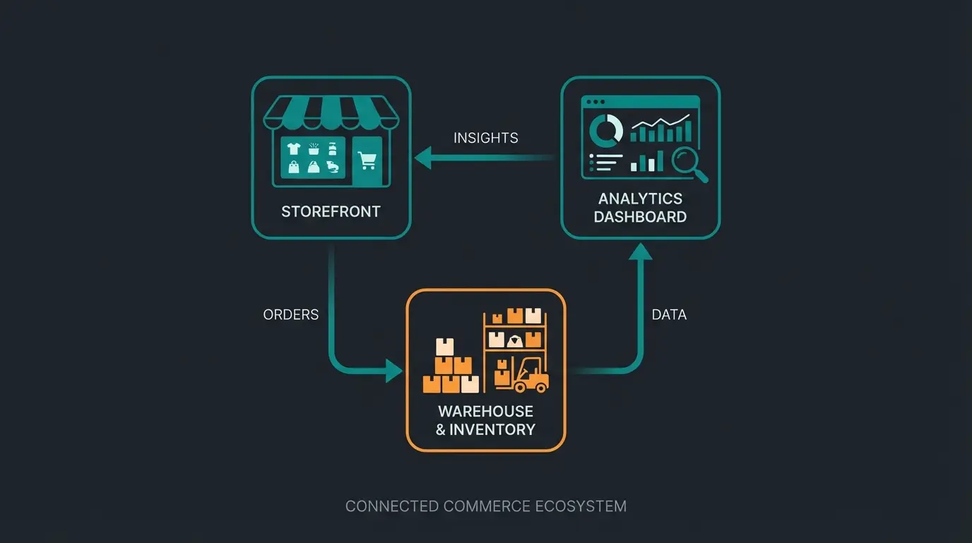 ERP-Integration mit Shopware 6 zeigt Datenfluss zwischen Shop, Lager und Warenwirtschaft
