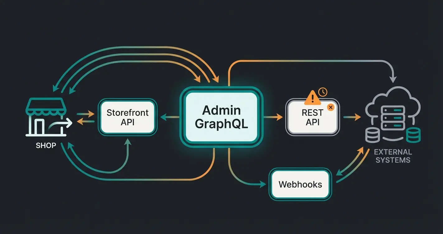 Architekturdiagramm der vier zentralen Shopify API-Typen mit Datenfluss-Richtungen