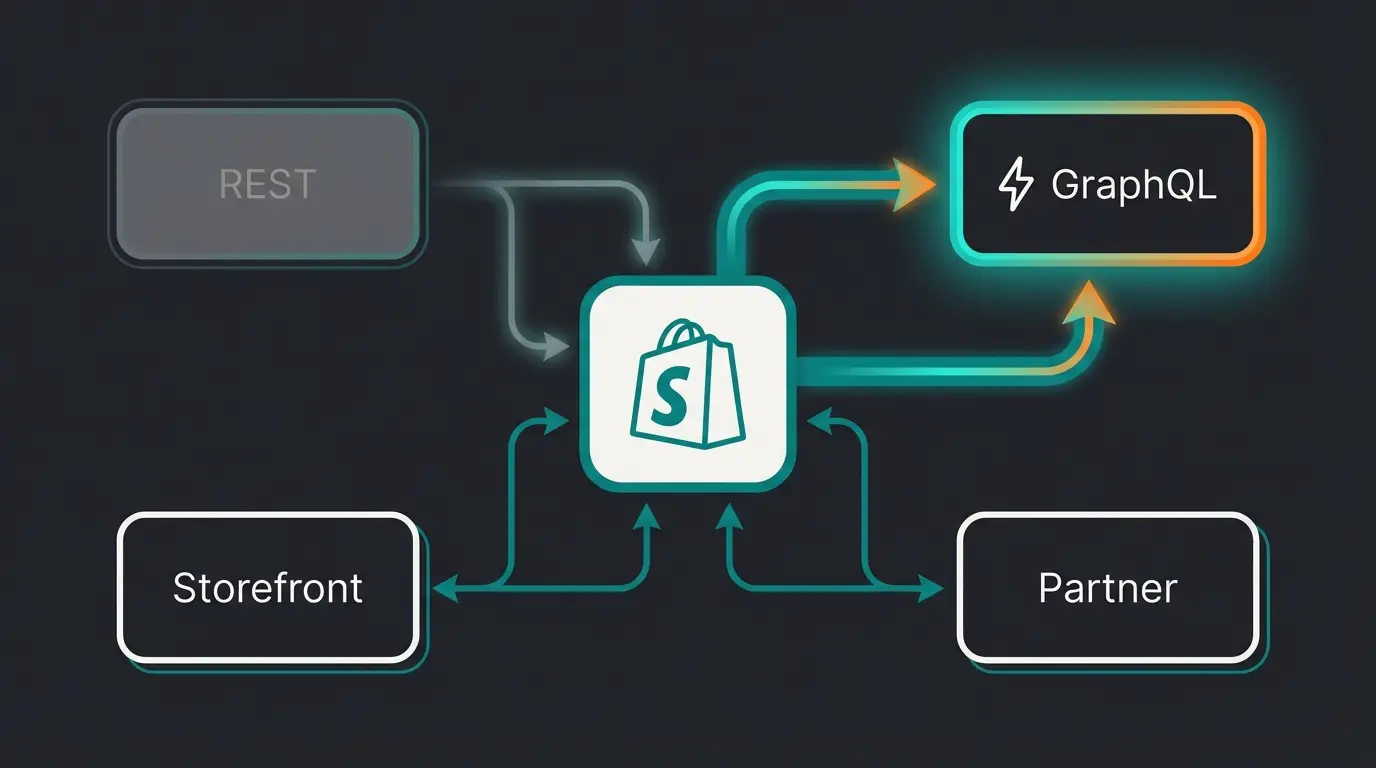 Overview of the four Shopify API types: Admin REST (legacy), Admin GraphQL (primary), Storefront, and Partner