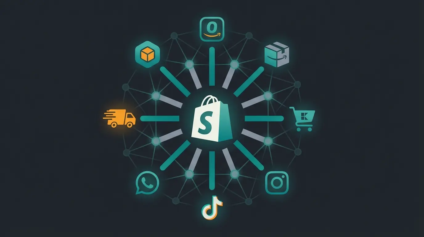 German multichannel ecosystem showing Shopify at center connected to marketplaces and social channels