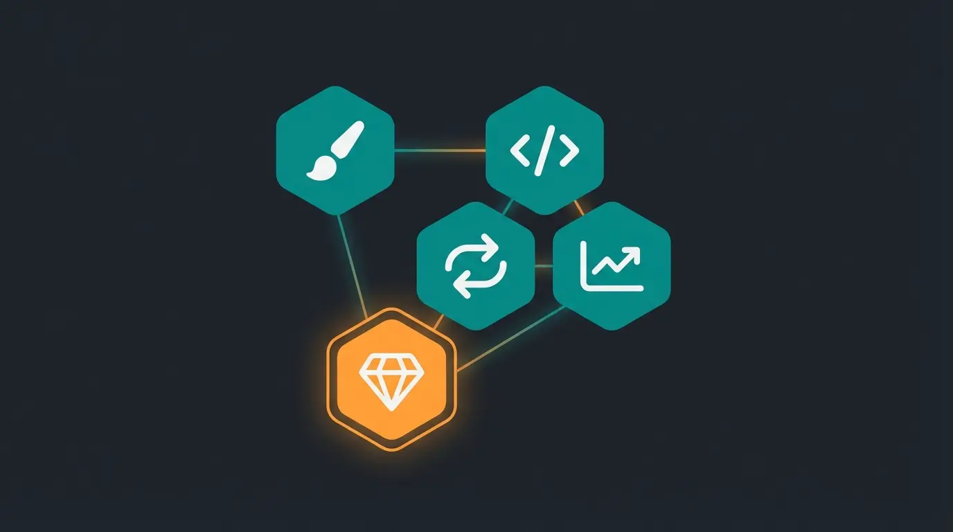 Illustration showing five Shopify expert specialization areas as interconnected hexagons with distinct icons