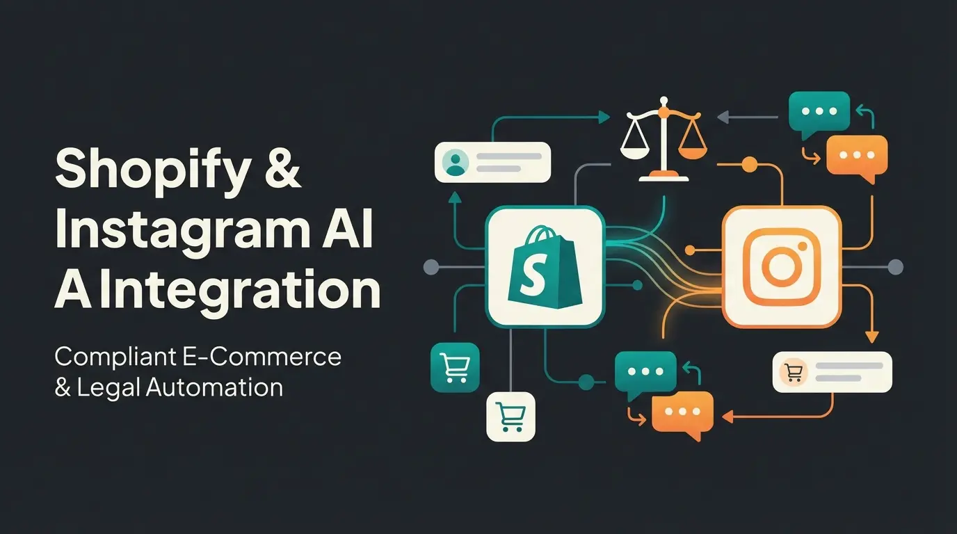 Shopify and Instagram integration visualization with legal compliance icons and AI consultation elements
