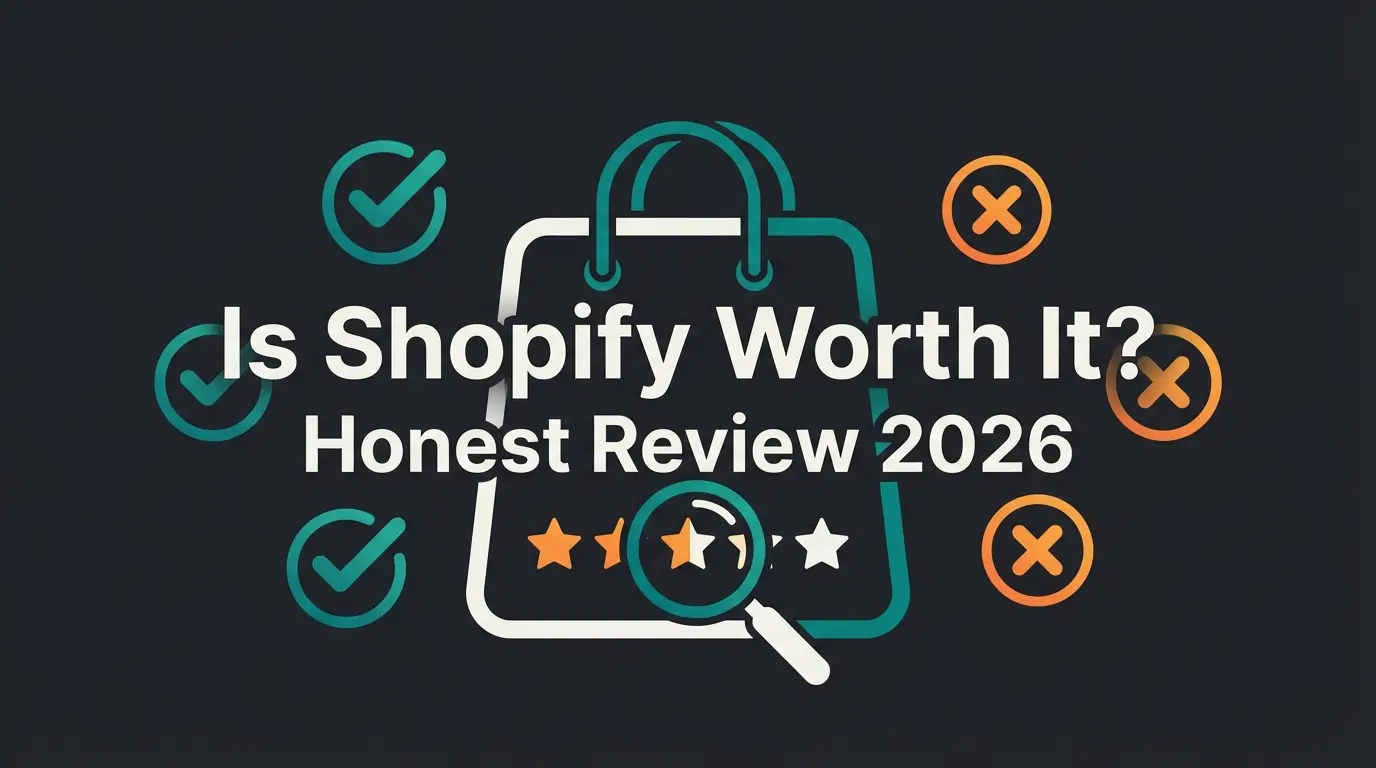 Is Shopify worth it - honest review illustration with rating elements and evaluation icons