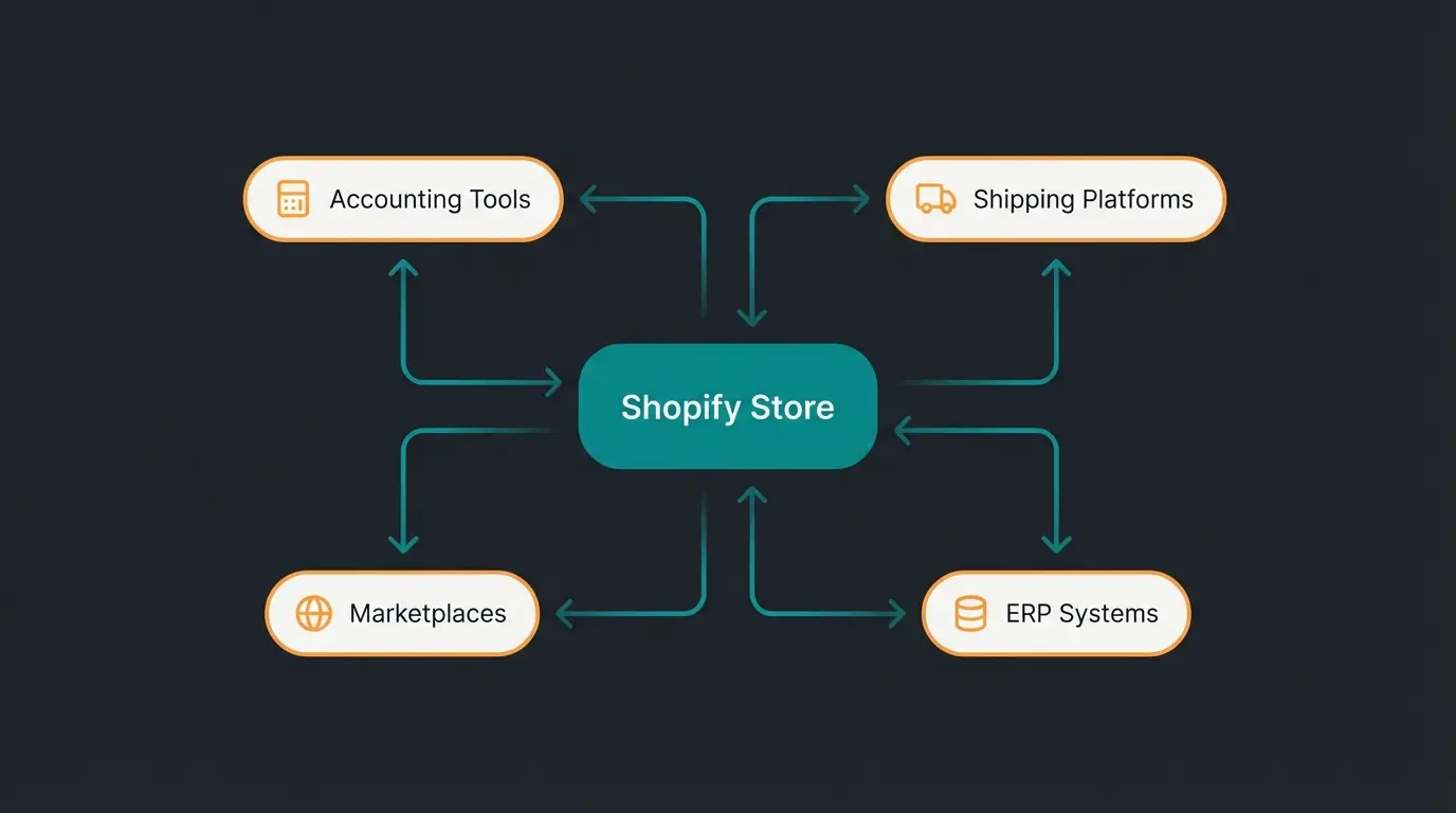 Integration network showing how Shopify inventory apps connect to accounting, shipping, and ERP systems