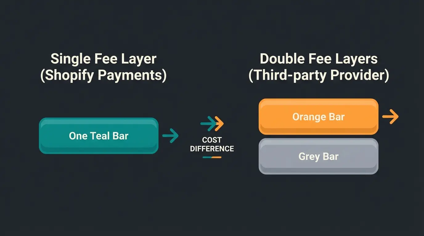 Visual comparison of single-fee Shopify Payments processing versus double-fee third-party provider processing on Shopify