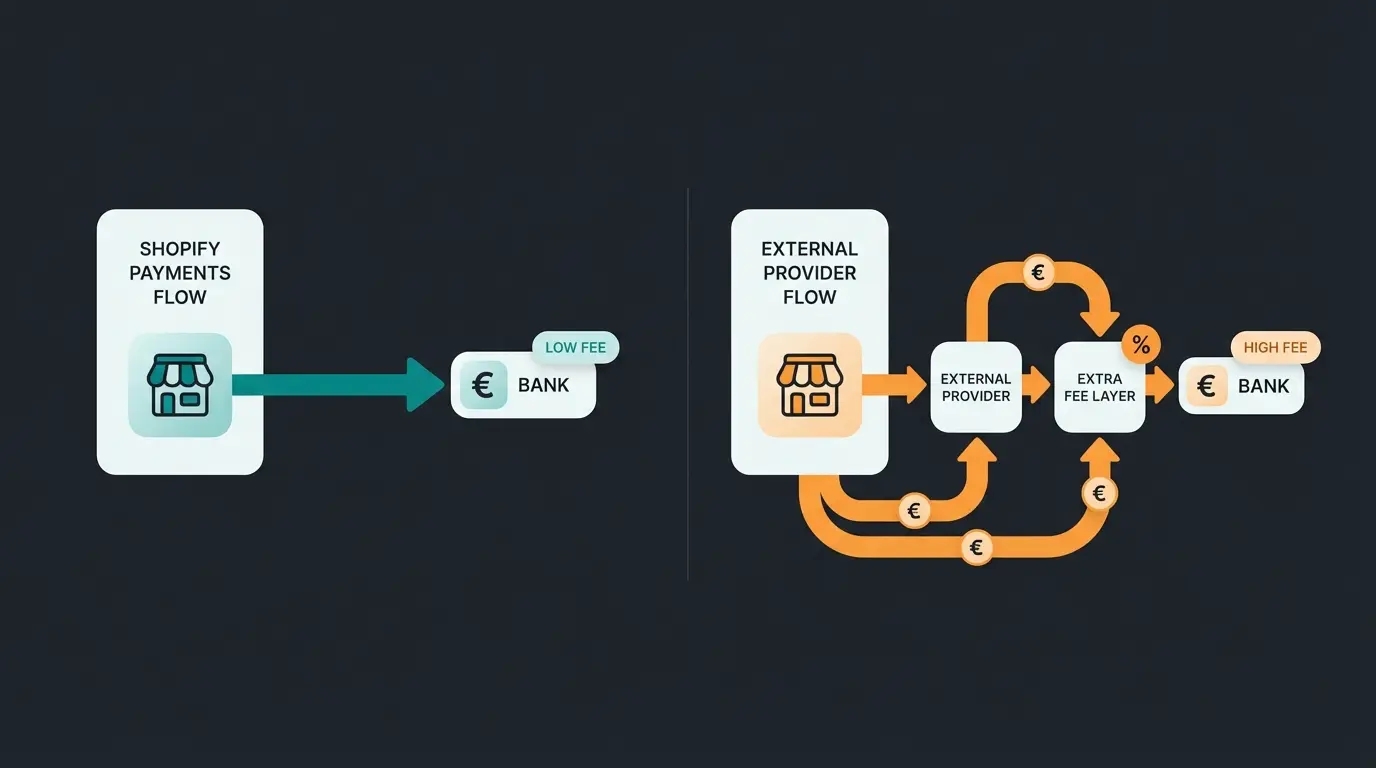 Vergleich der Zahlungswege: Shopify Payments mit einer Gebuehr vs. externe Anbieter mit doppelter Gebuehrenstruktur