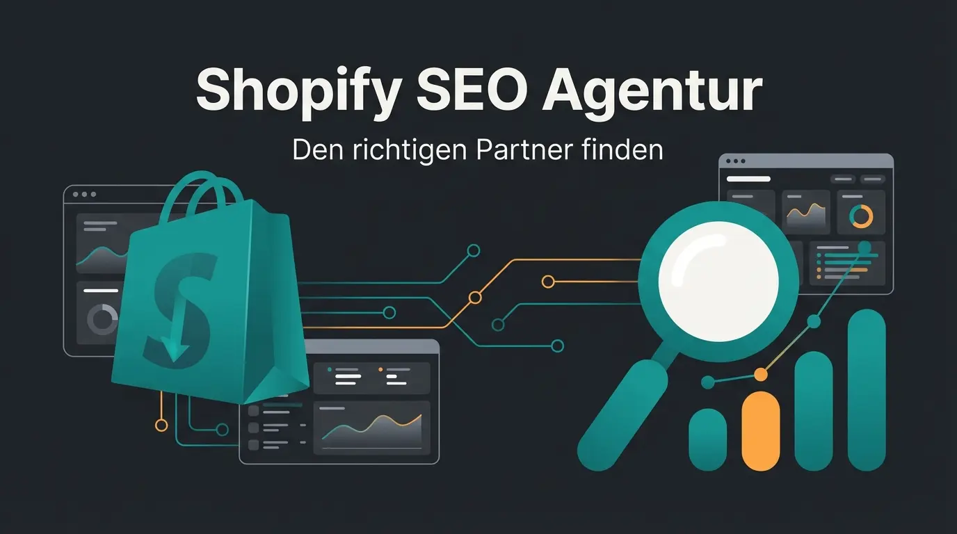 Shopify SEO Agentur - Illustration mit Shopify-Logo und SEO-Analyse-Elementen auf dunklem Hintergrund