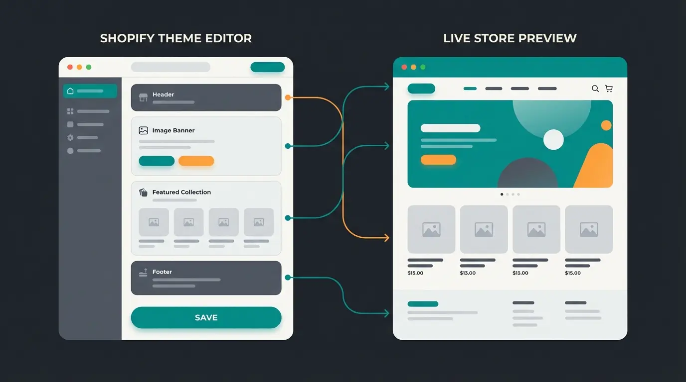 Shopify Theme Editor customization interface with live preview showing section-based editing