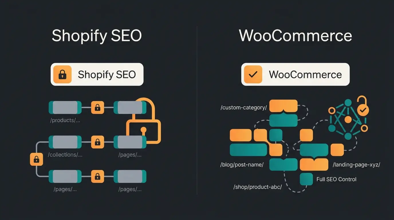 SEO capabilities comparison between Shopify's managed approach and WooCommerce's full control
