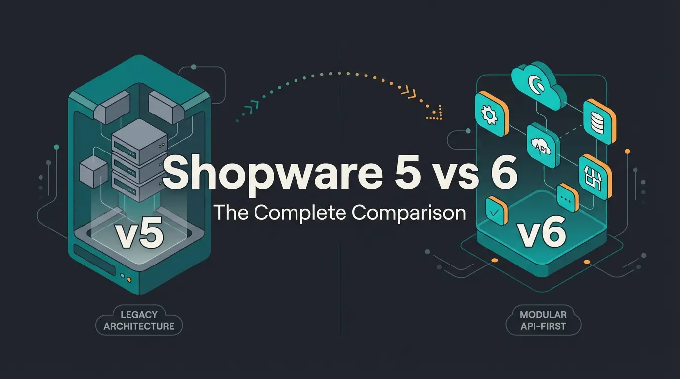 Shopware 5 vs Shopware 6 comparison showing old architecture versus modern API-first design