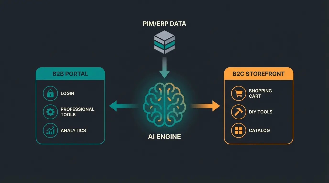 Hybrid B2B and B2C Shopware architecture with AI integration diagram