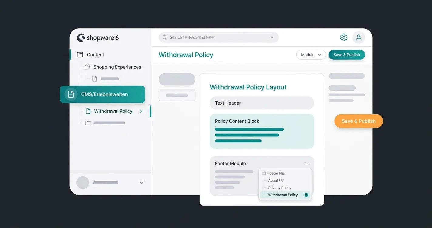 Shopware 6 Admin: Widerrufsbelehrung in Erlebniswelten einrichten