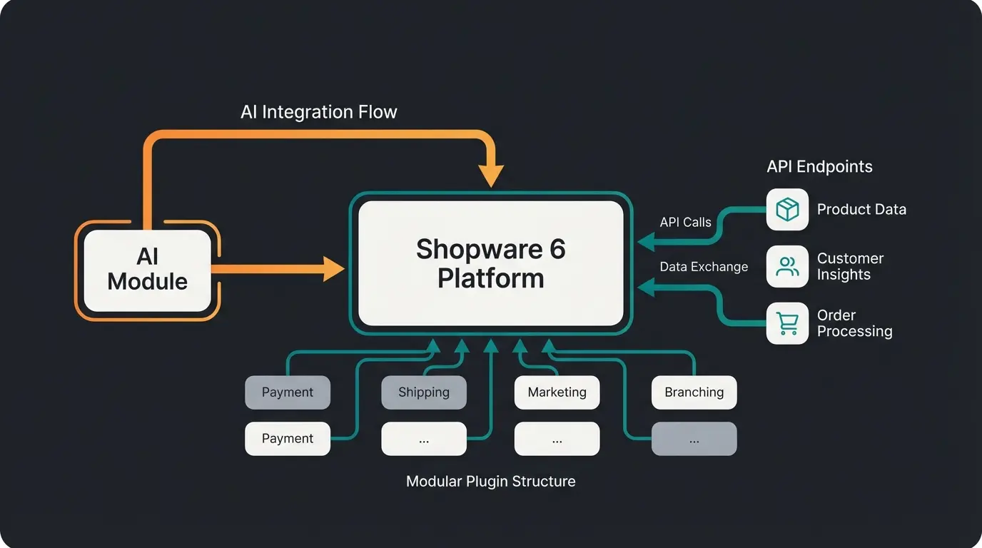Shopware 6 architecture diagram showing AI integration points