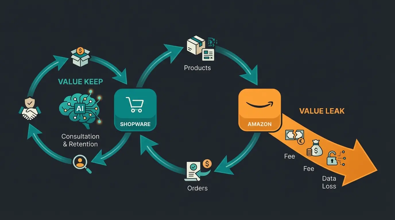 Visual diagram showing data flow between Shopware and Amazon with value retention loop
