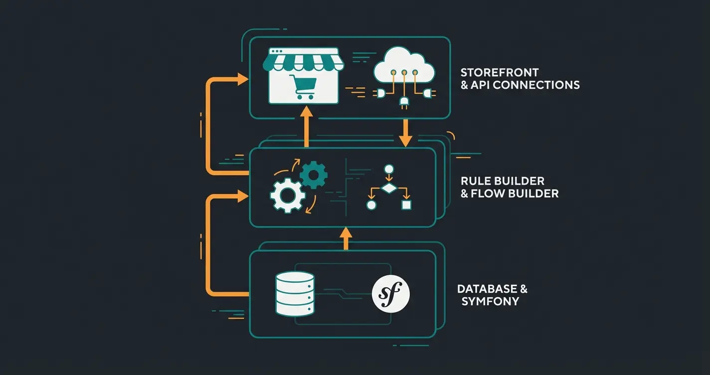 Shopware 6 architecture layers showing API-first design with Rule Builder and Flow Builder integration