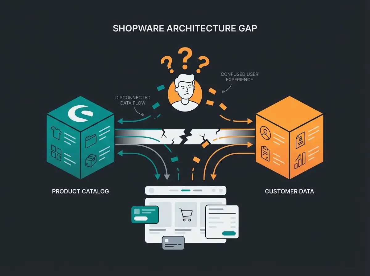 Shopware 6 architecture showing the gap between catalog and customer consultation