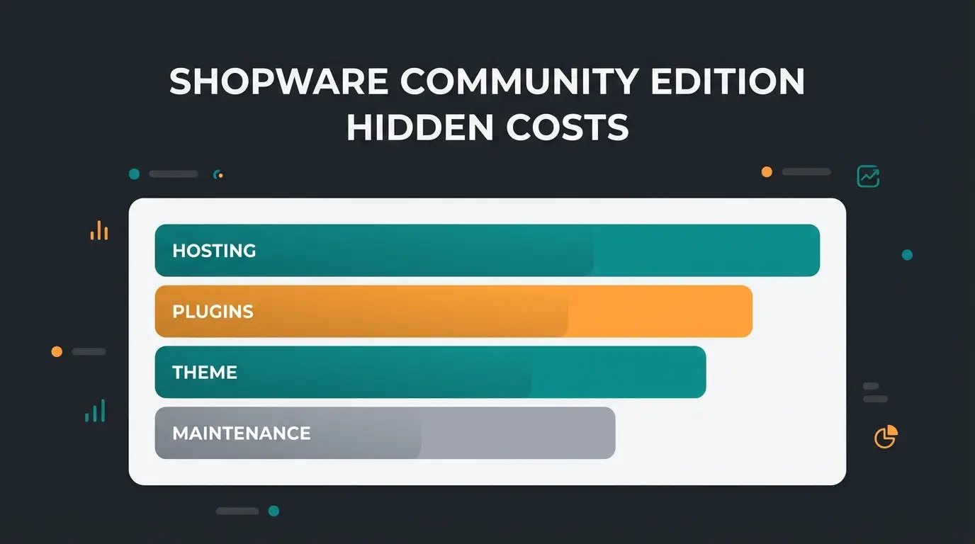 Aufschlüsselung der versteckten Kosten einer Shopware Community Edition: Hosting, Plugins, Theme und Wartung als gestapelte Kostenblöcke