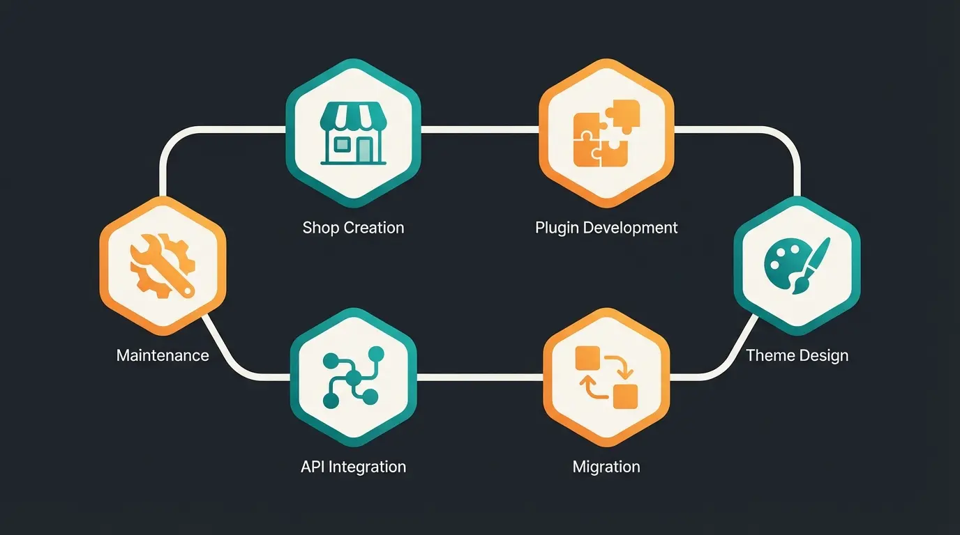 Übersicht der sechs Kernleistungen eines Shopware Freelancers: Shop-Erstellung, Plugin-Entwicklung, Theme-Anpassung, Migration, API-Integration und Betreuung