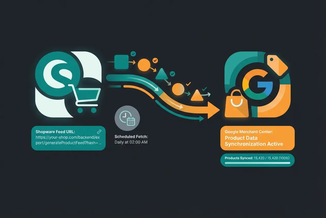 Google Merchant Center feed configuration dashboard showing Shopware integration settings