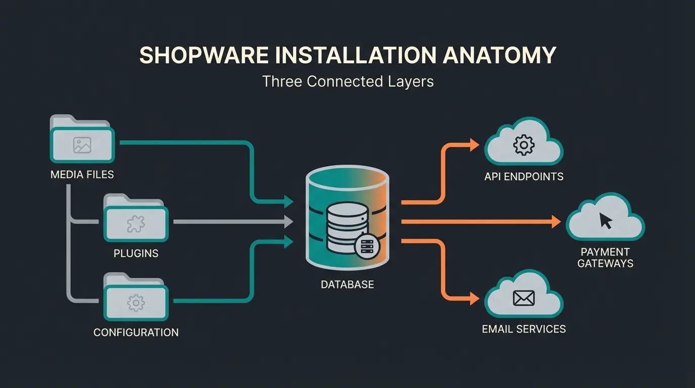 Diagram showing Shopware backup components including filesystem, database, and external dependencies