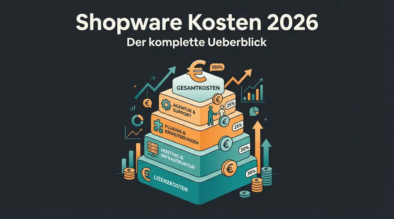 Shopware Kosten 2026 Ueberblick mit Kostenaufschluesselung nach Lizenz, Hosting, Plugins und Agentur