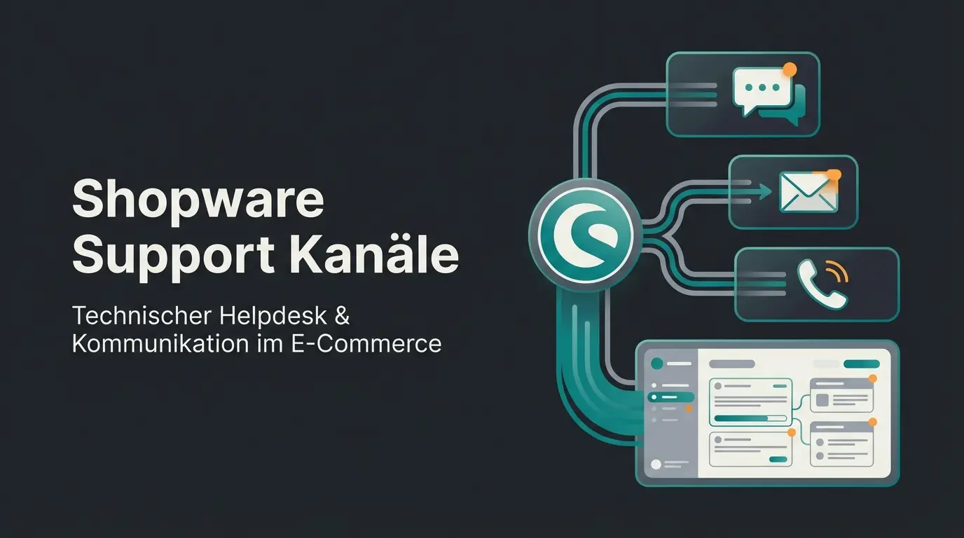Shopware Support Übersicht mit verschiedenen Kanälen: Offizieller Support, Agentur, Community und KI-Automatisierung