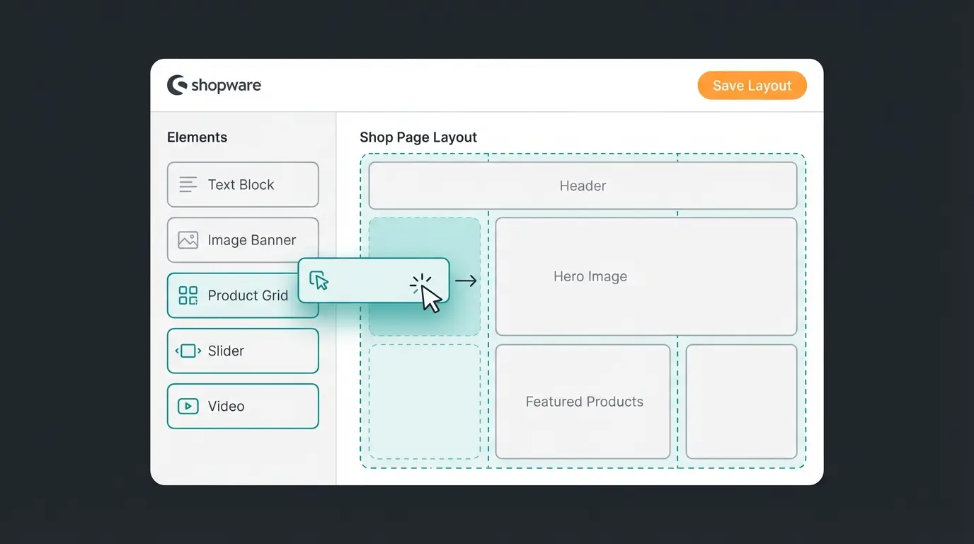 Shopware 6 Erlebniswelten Editor mit Drag-and-Drop Bloecken fuer die Shop-Gestaltung