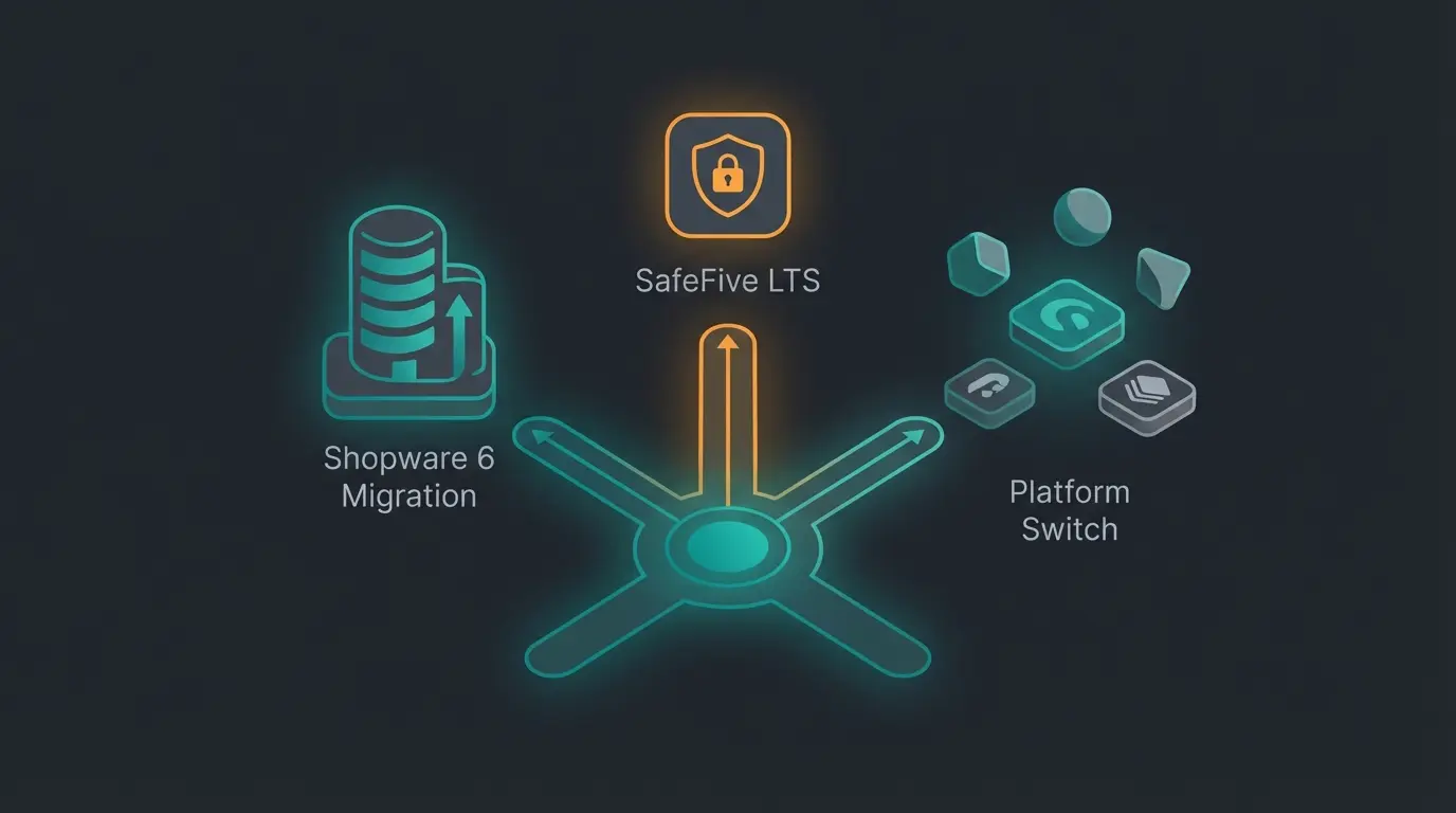 Three migration paths after Shopware 5 end of life: Shopware 6 migration, SafeFive LTS, or platform switch