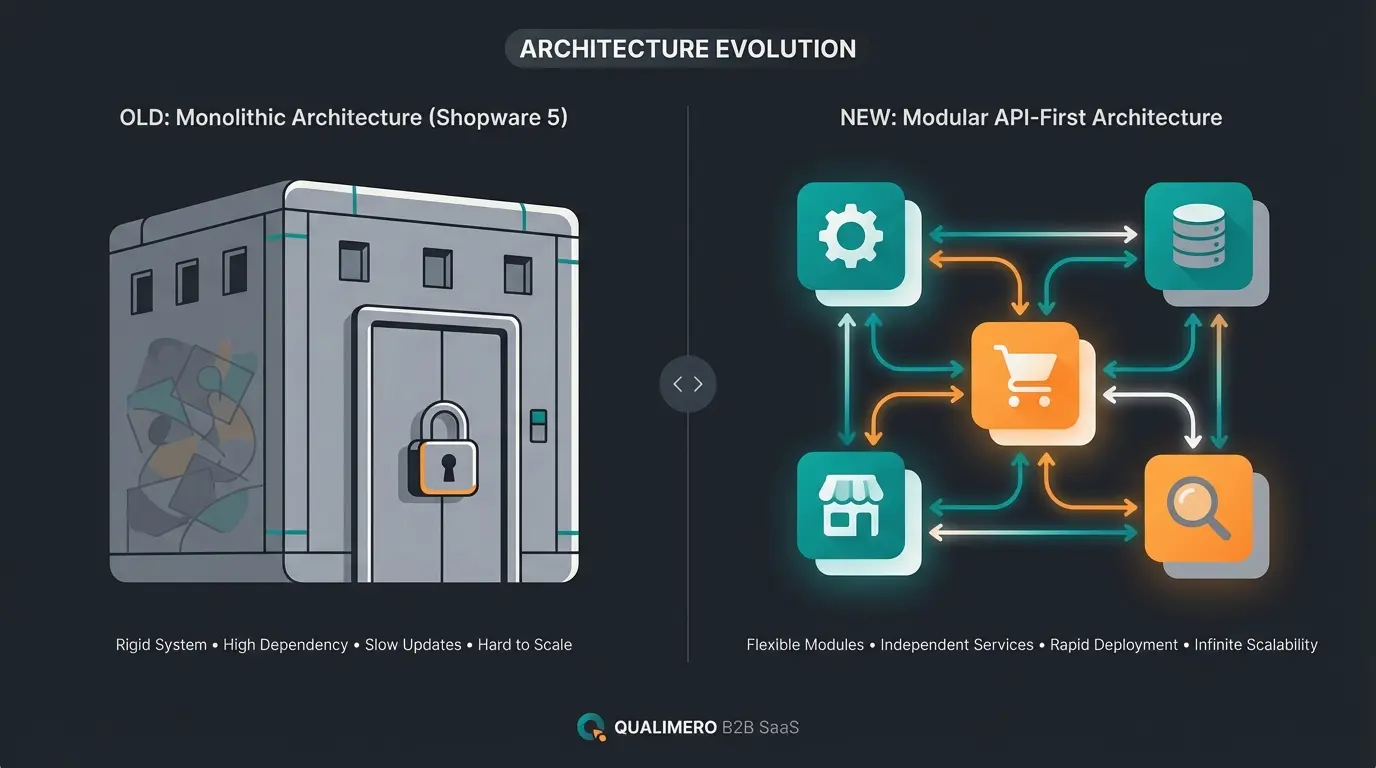 Comparison diagram showing Shopware 5 monolithic architecture versus Shopware 6 API-first headless architecture