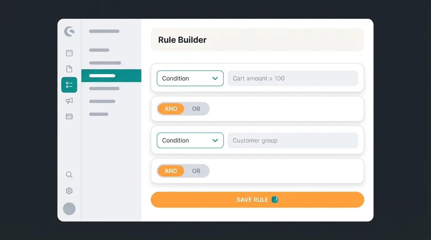 Shopware 6 Rule Builder Oberfläche mit Bedingungen und UND/ODER-Logik