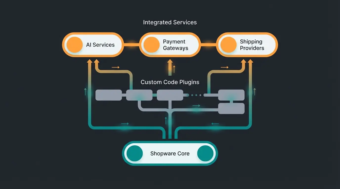 Das Shopware Ökosystem mit Core, Custom Code und integrierten Services