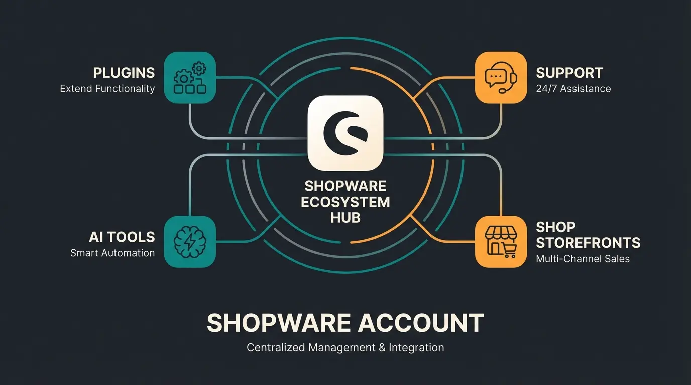 Shopware account dashboard with connected AI tools and API integrations in flat illustration style