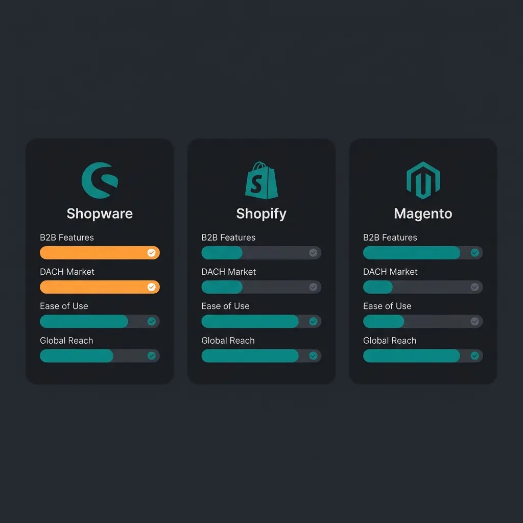 Cross-platform comparison of Shopware Evolve, Shopify Plus, and Adobe Commerce feature strengths