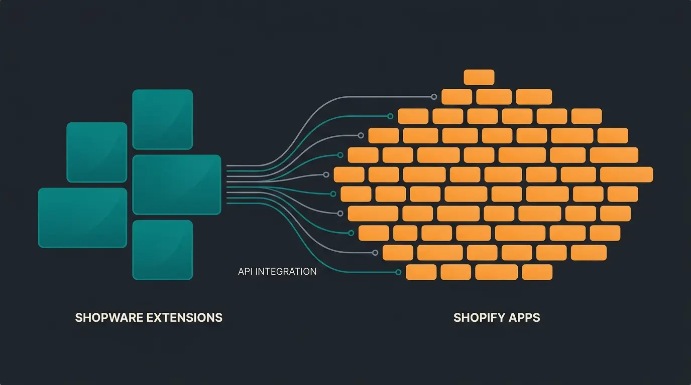 Vergleich der Erweiterungsoekosysteme: Shopware mit 1.500 tiefgreifenden Plugins versus Shopify mit 8.000 Apps