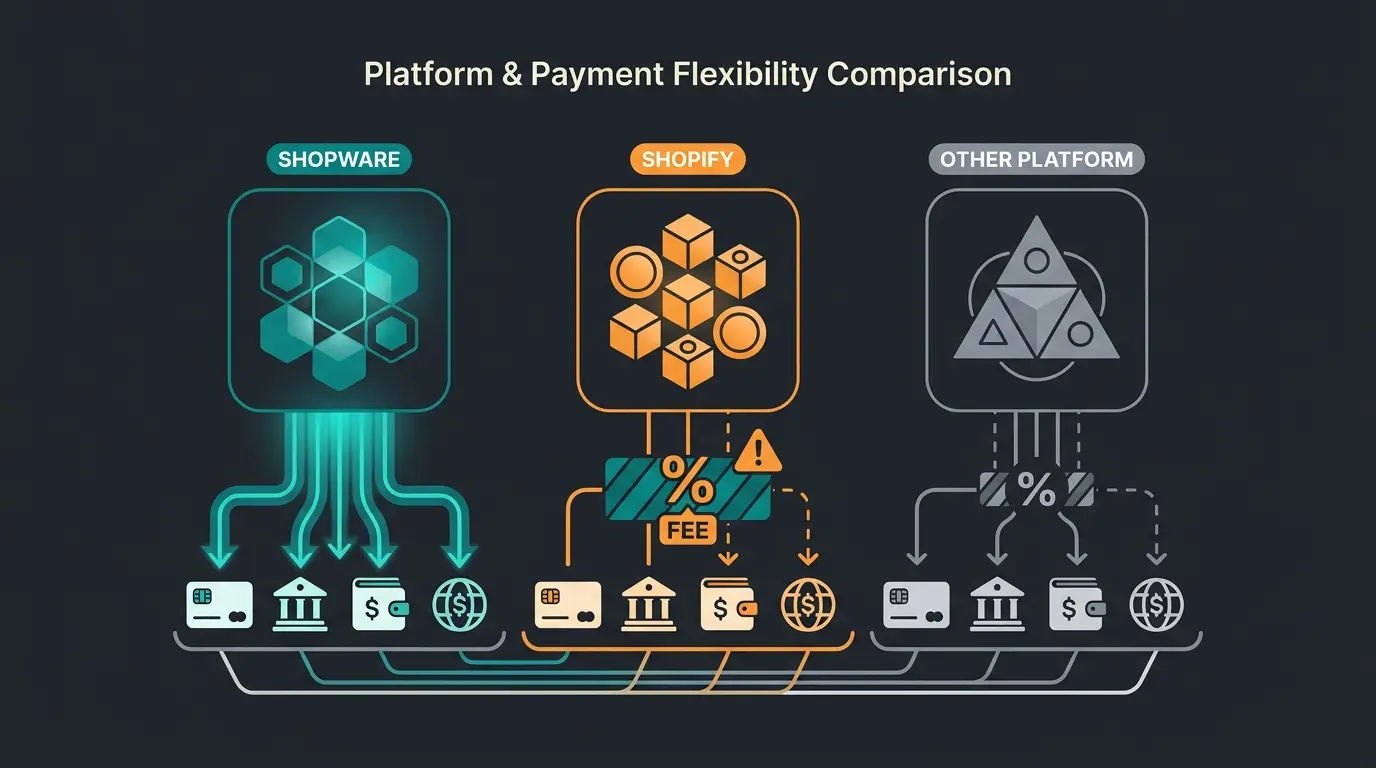 Plattformvergleich der Payment-Flexibilität: Shopware vs WooCommerce vs Shopify mit Gebührenunterschieden