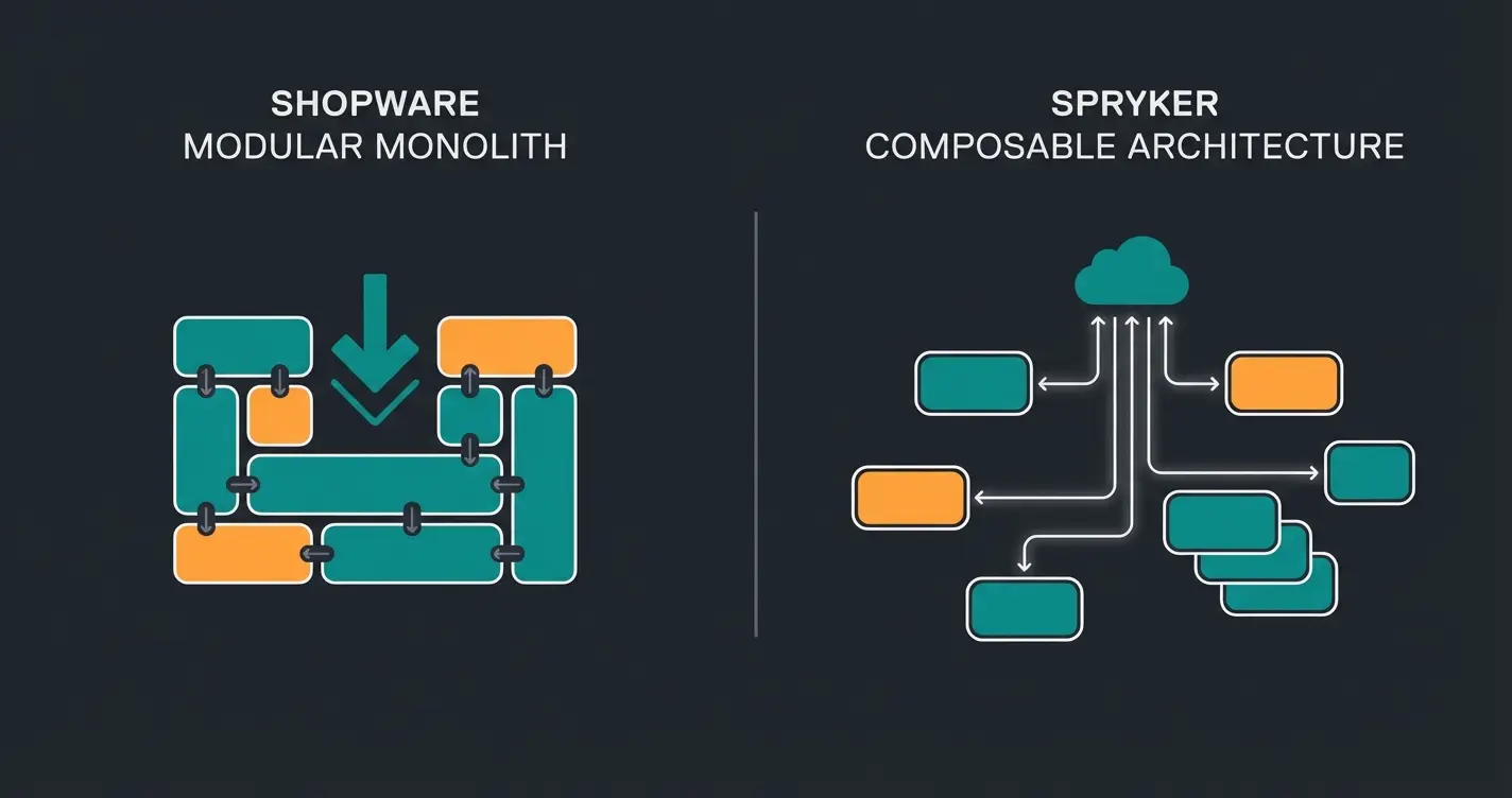 Architekturvergleich Shopware modularer Monolith vs Spryker Composable Commerce