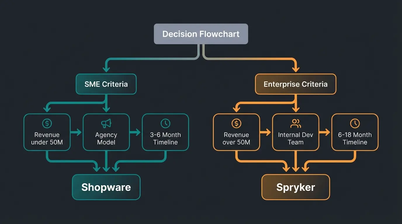 Decision matrix comparing Shopware and Spryker by company size and requirements