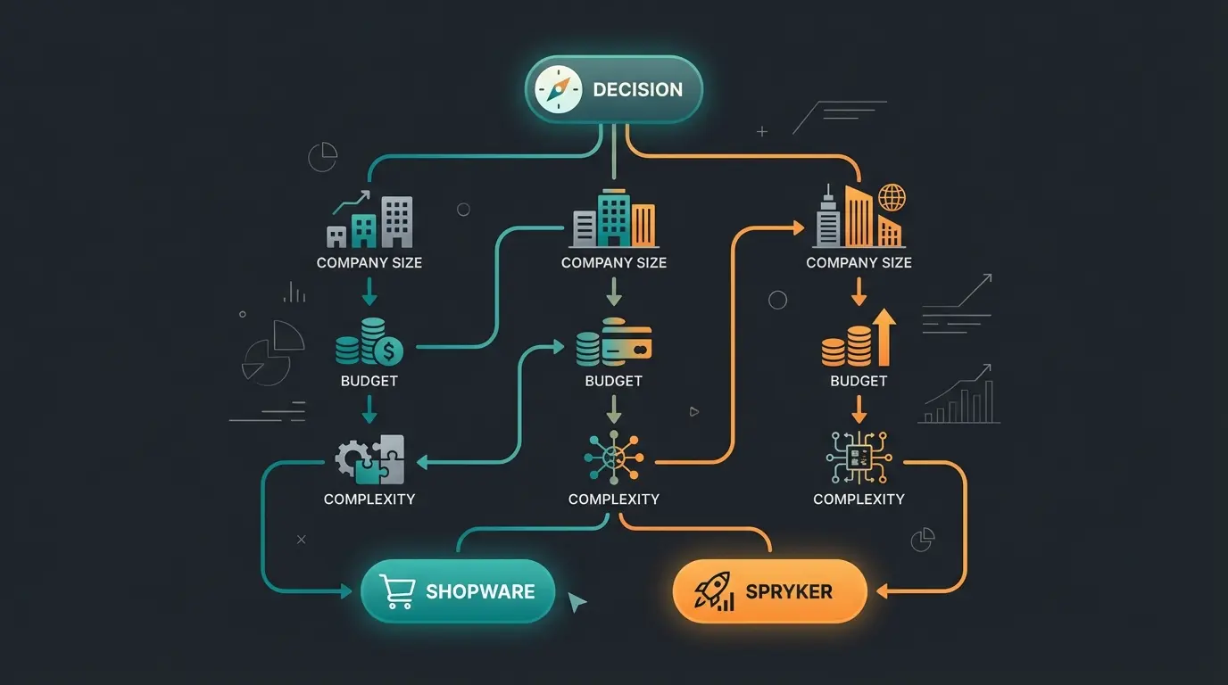 Entscheidungsmatrix Shopware vs Spryker nach Unternehmensgroesse und Anforderungen