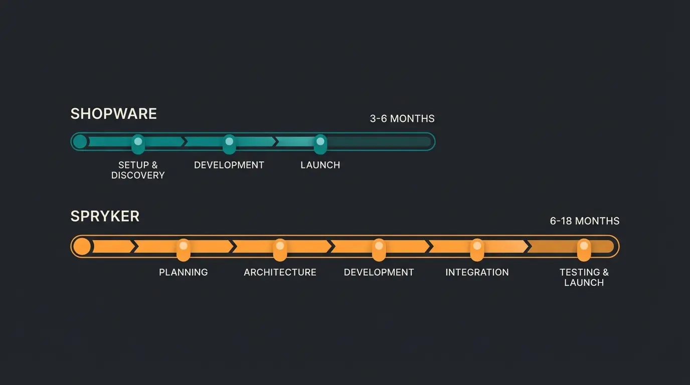 Zeitvergleich Implementierung Shopware 3 bis 6 Monate vs Spryker 6 bis 18 Monate