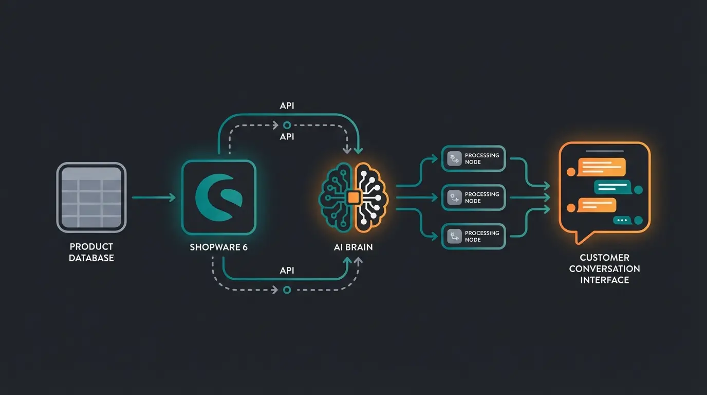 AI sales consultant integration architecture in Shopware 6 showing API connections and data flow