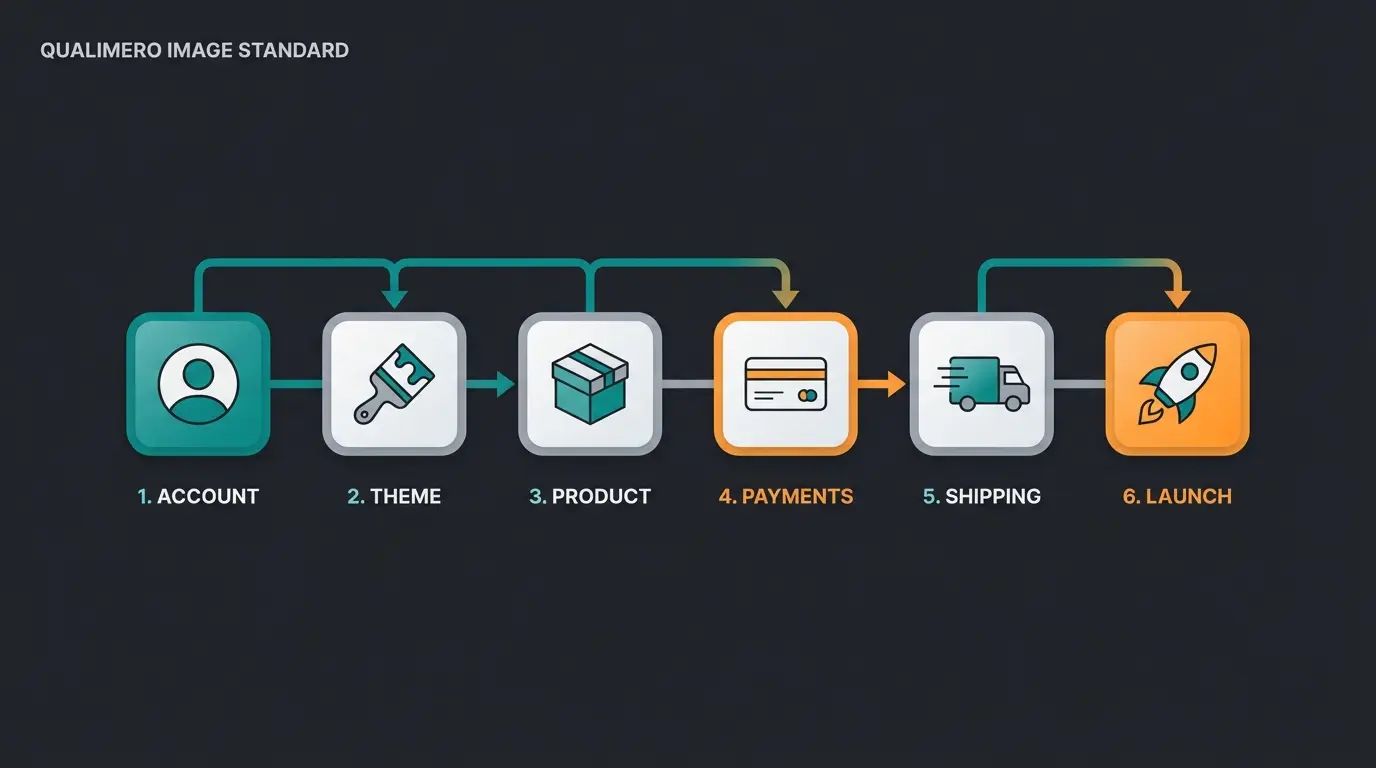 Six-step visual process for setting up a new Shopify store from account creation to launch