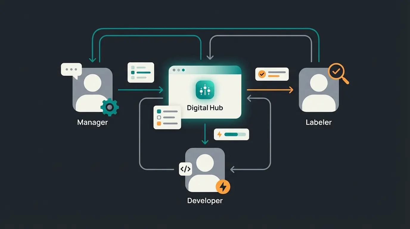 Illustration eines Teams, das zusammen an der Datenannotation arbeitet
