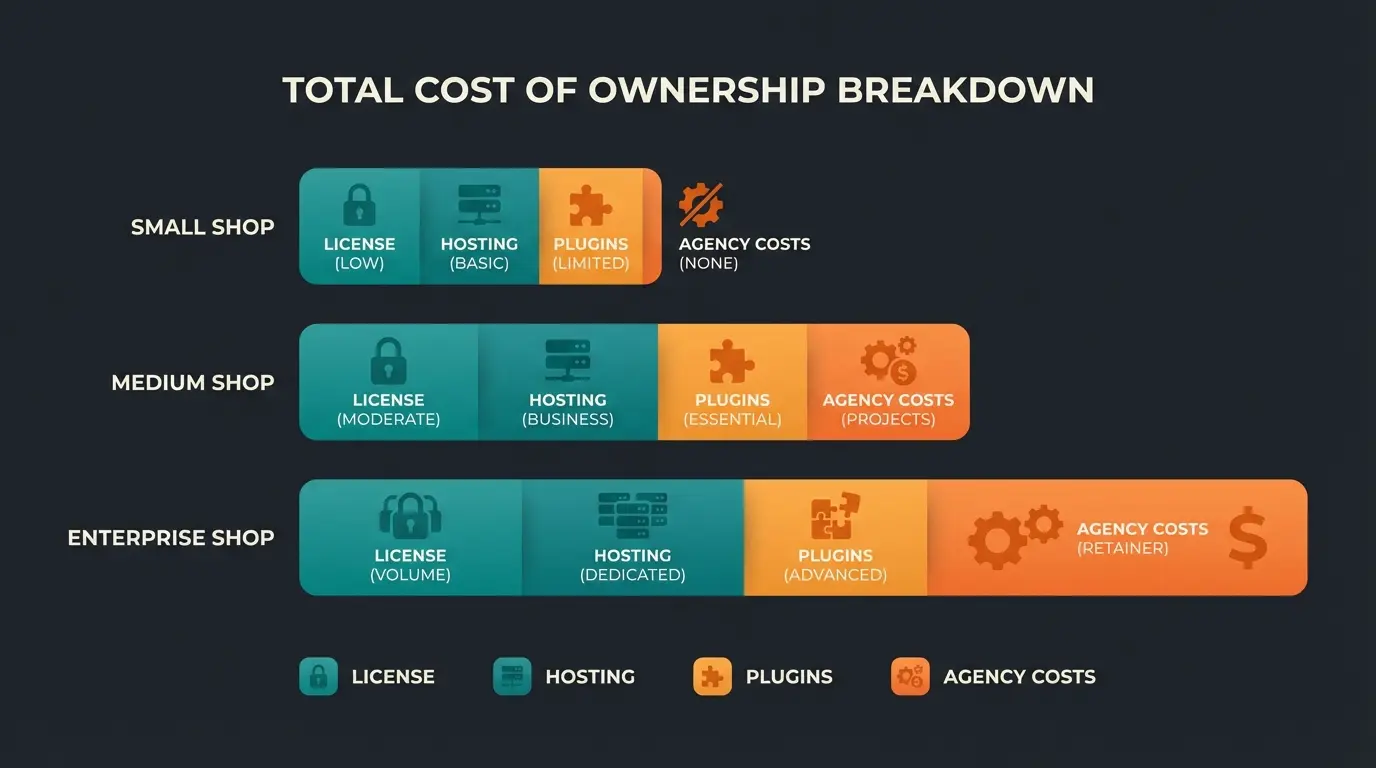 Shopware Total Cost of Ownership Vergleich nach Shopgröße mit Lizenz Hosting Plugin und Agenturkosten