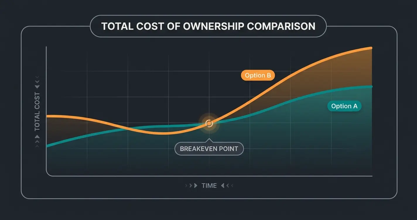 Cost comparison visualization showing Shopware and Shopify TCO crossover at high revenue