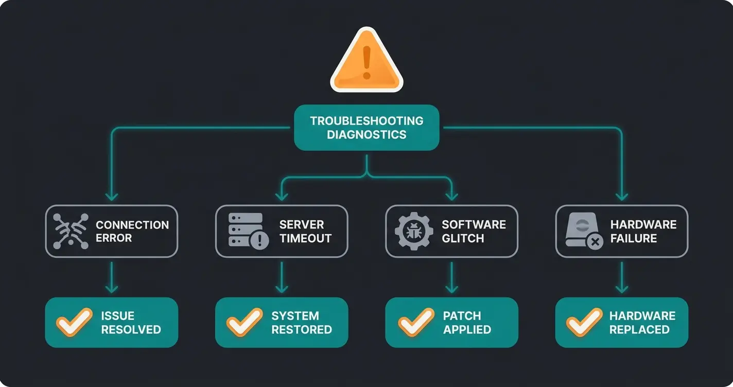 Troubleshooting-Flowchart für häufige Shopware PayPal Fehler: Button fehlt, Webhook-Fehler, Ratepay-Ablehnungen, ACDC-Probleme