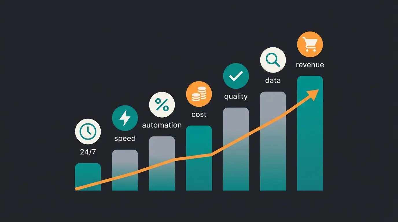 Seven key benefits of chatbot customer service: availability, speed, automation, cost reduction, consistency, insights, revenue generation