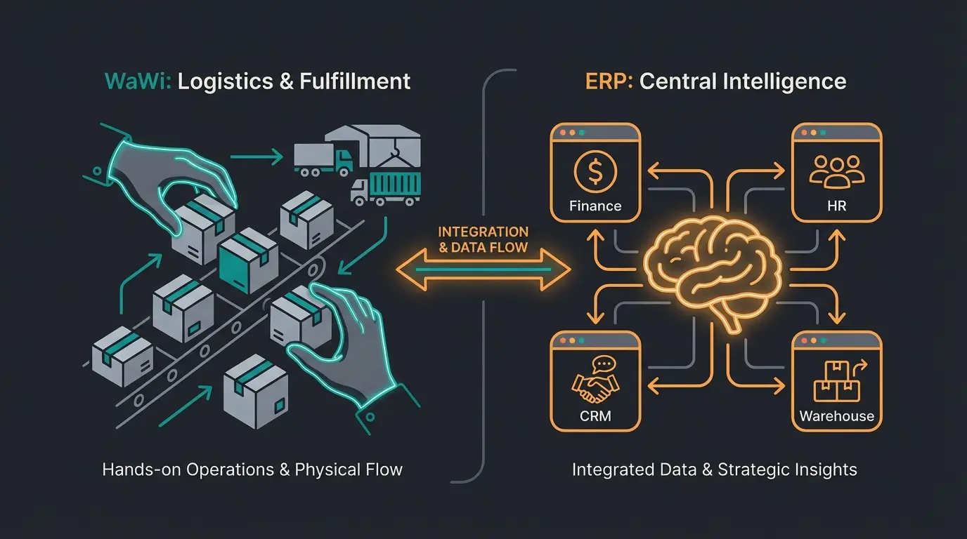 Infografik zeigt den Unterschied zwischen Warenwirtschaft und ERP-System
