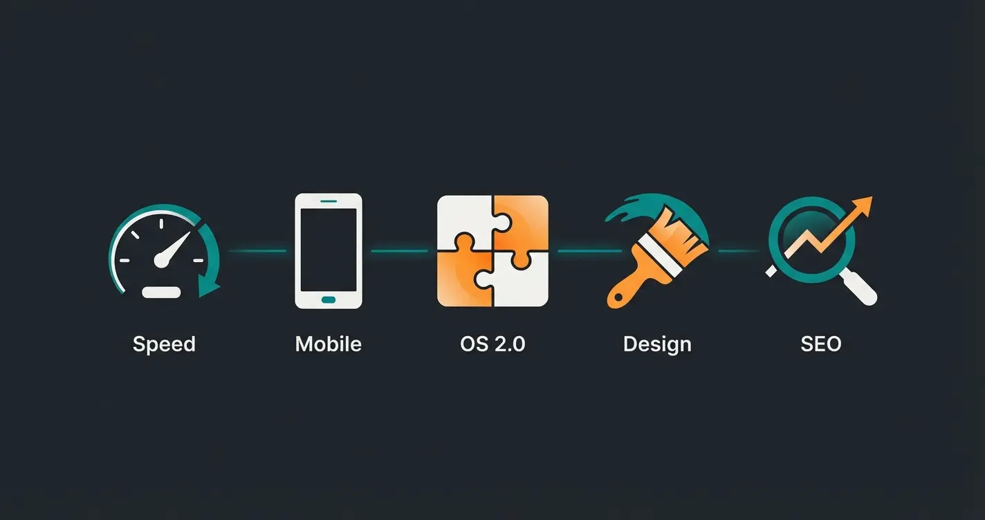 Fuenf Bewertungskriterien fuer Shopify Themes: Geschwindigkeit, Mobile, OS 2.0, Design, SEO